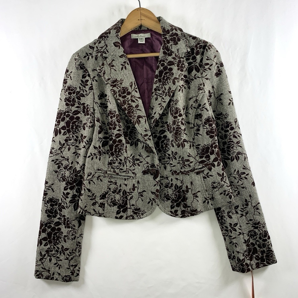 Womens Y2K Romantic Goth Wool Tweed Velvet Crop Blazer Size 6 Old Money Tapestry